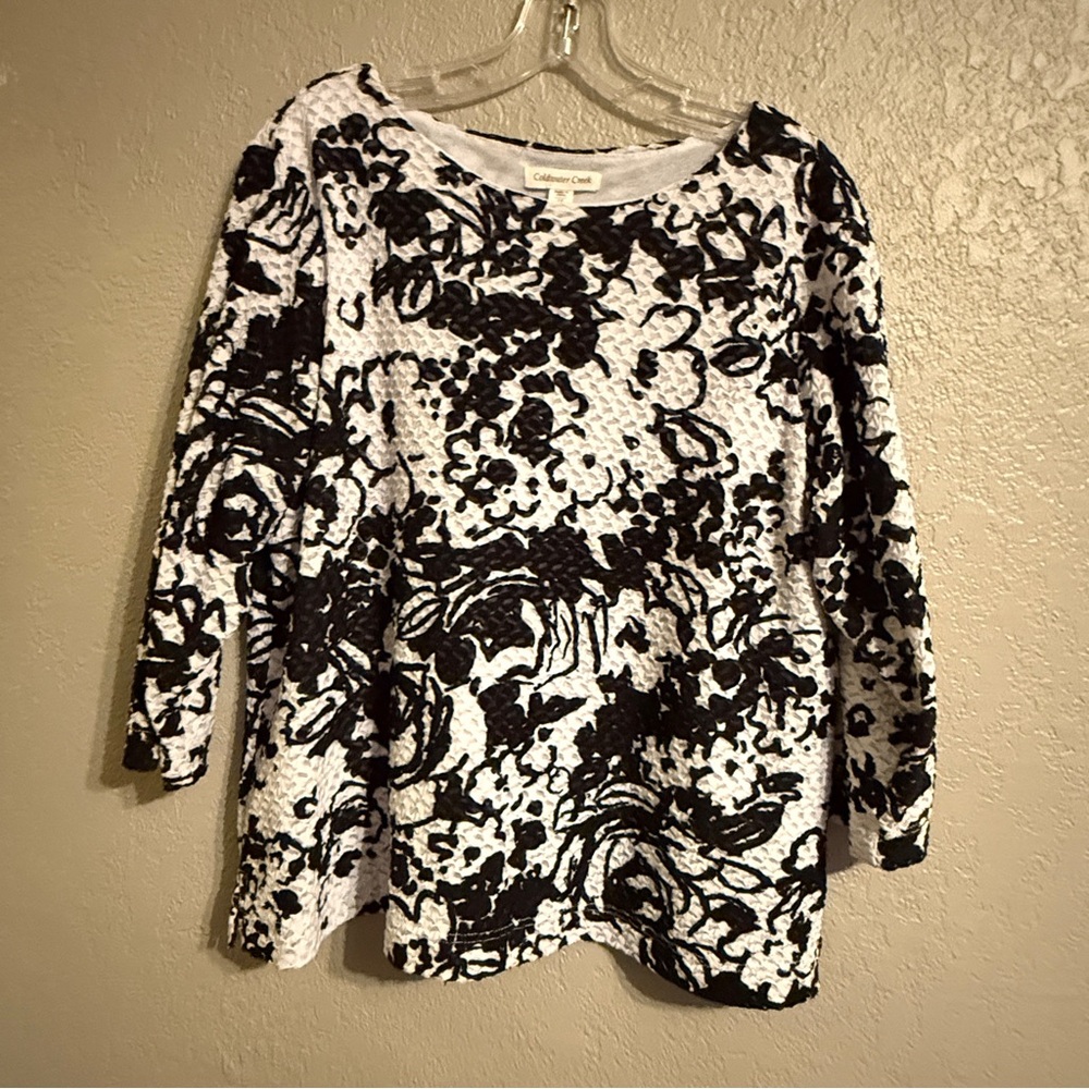 Coldwater Creek Black and White Floral Long Sleeve Top